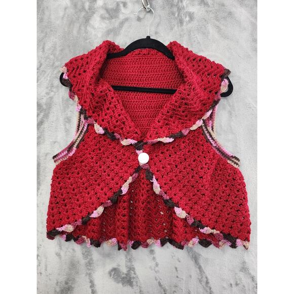 Vintage Homemade Crochet Knit Crop Circle Vest Size M Red Pink Brown Tan Button - Picture 1 of 6
